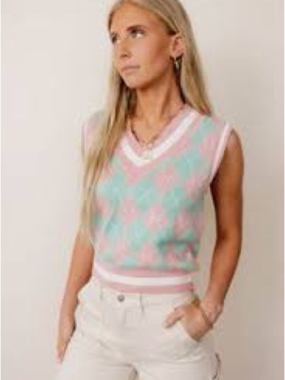 böhme Pink, Mint and White Argyle V-Neck Sweater Vest